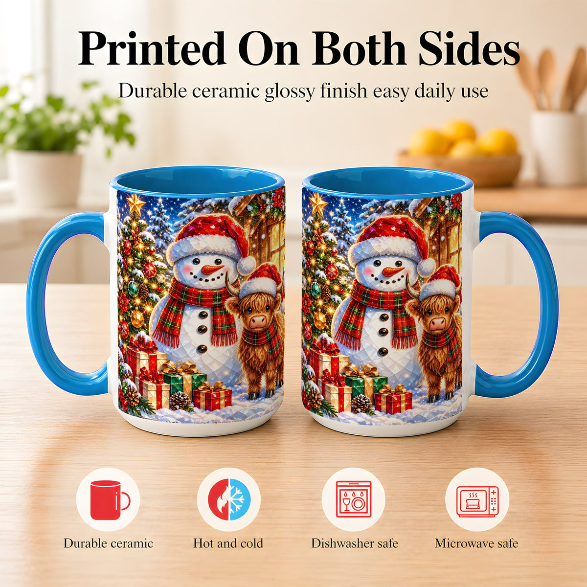 #pl[15oz|Blue] Highland Cow Snowman Coffee Mug, Christmas Animal Mug, Ceramic Cup