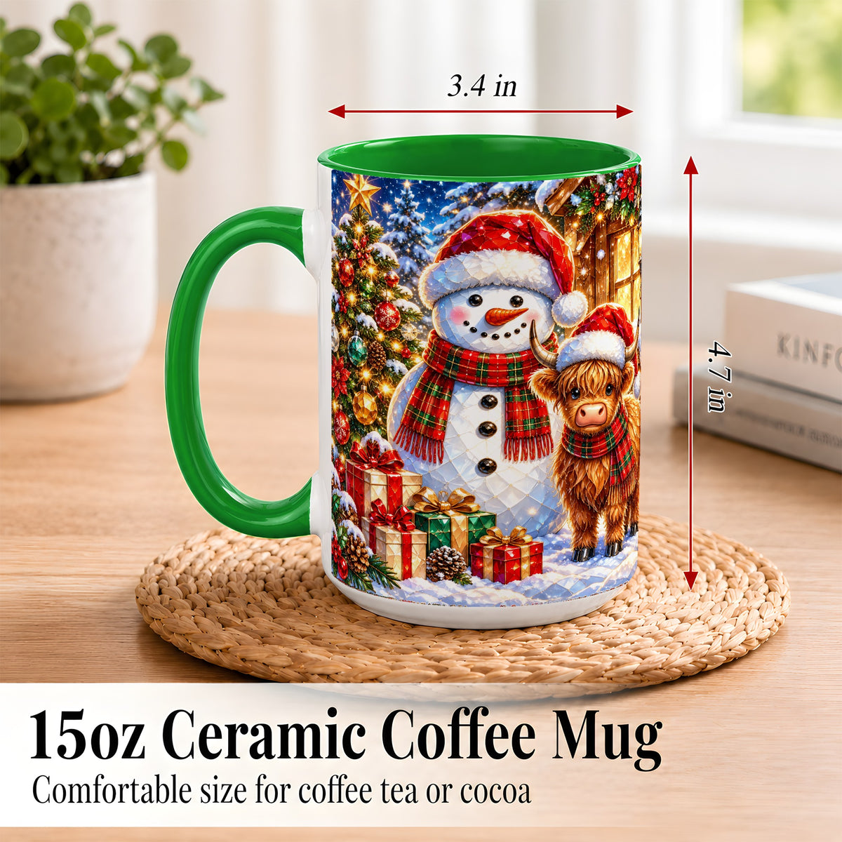 #pl[15oz|Green] Highland Cow Snowman Coffee Mug, Christmas Animal Mug, Ceramic Cup