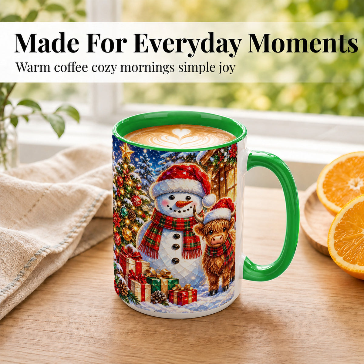 #pl[15oz|Green] Highland Cow Snowman Coffee Mug, Christmas Animal Mug, Ceramic Cup