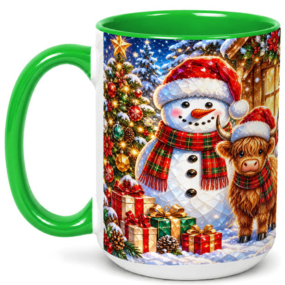 #pl[15oz|Green] Highland Cow Snowman Coffee Mug, Christmas Animal Mug, Ceramic Cup