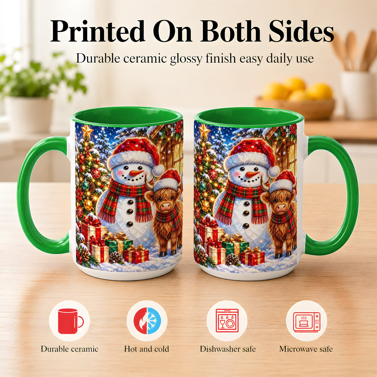 #pl[15oz|Green] Highland Cow Snowman Coffee Mug, Christmas Animal Mug, Ceramic Cup