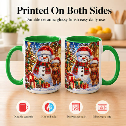 #pl[15oz|Green] Highland Cow Snowman Coffee Mug, Christmas Animal Mug, Ceramic Cup