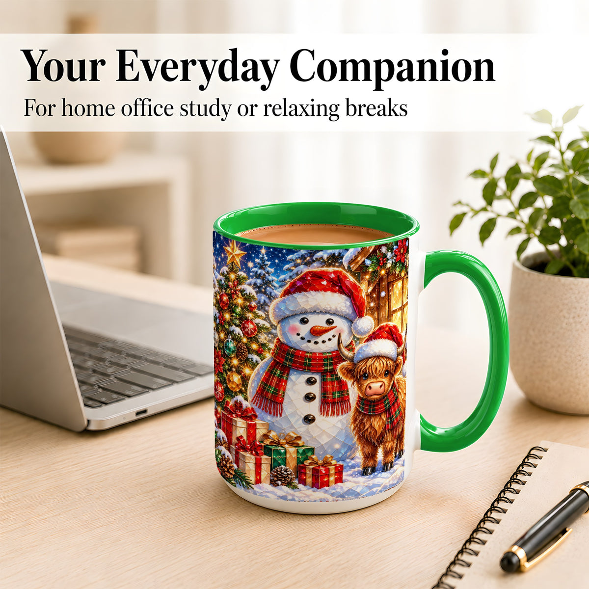#pl[15oz|Green] Highland Cow Snowman Coffee Mug, Christmas Animal Mug, Ceramic Cup