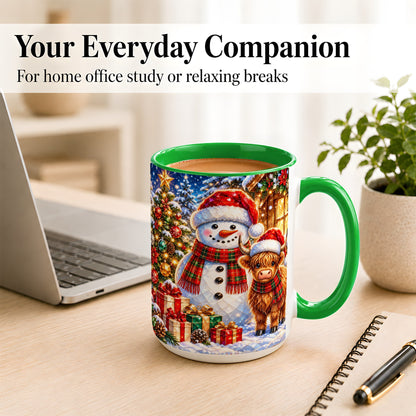#pl[15oz|Green] Highland Cow Snowman Coffee Mug, Christmas Animal Mug, Ceramic Cup