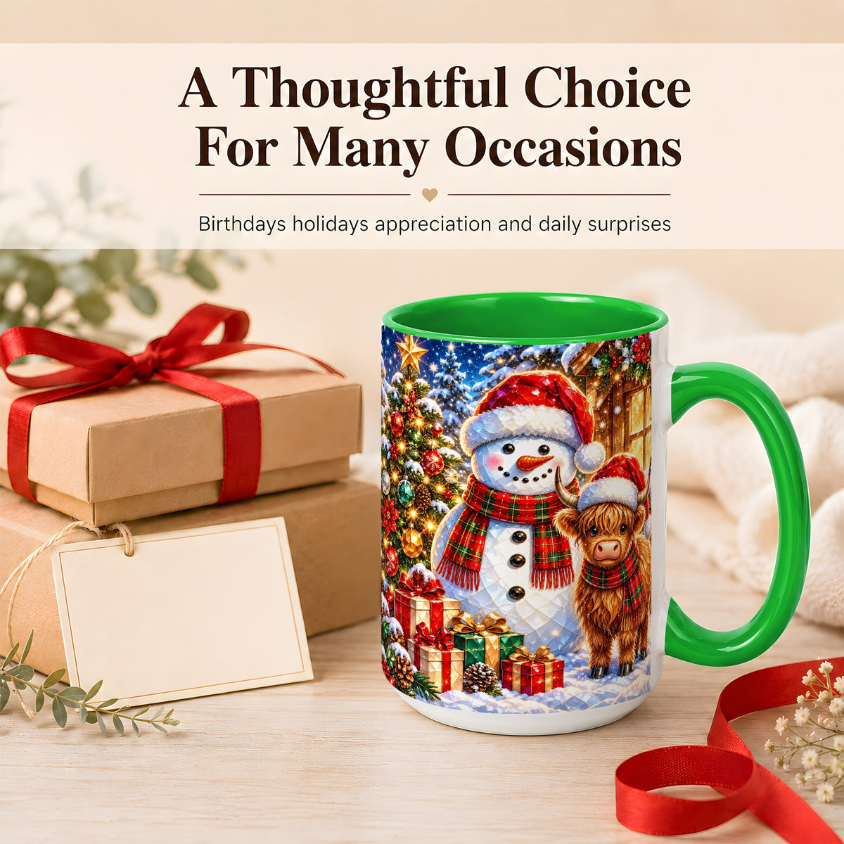 #pl[15oz|Green] Highland Cow Snowman Coffee Mug, Christmas Animal Mug, Ceramic Cup