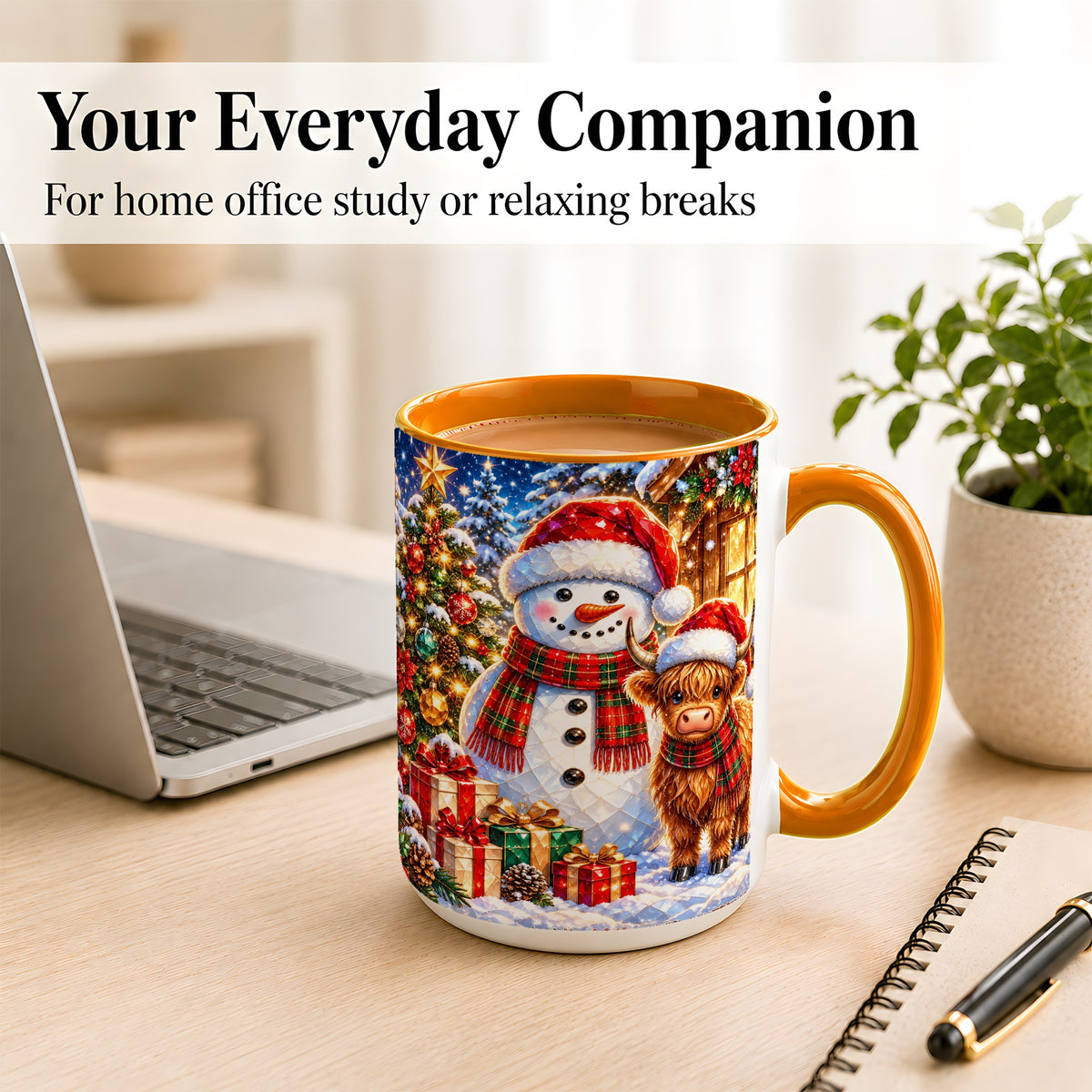 #pl[15oz|Orange] Highland Cow Snowman Coffee Mug, Christmas Animal Mug, Ceramic Cup