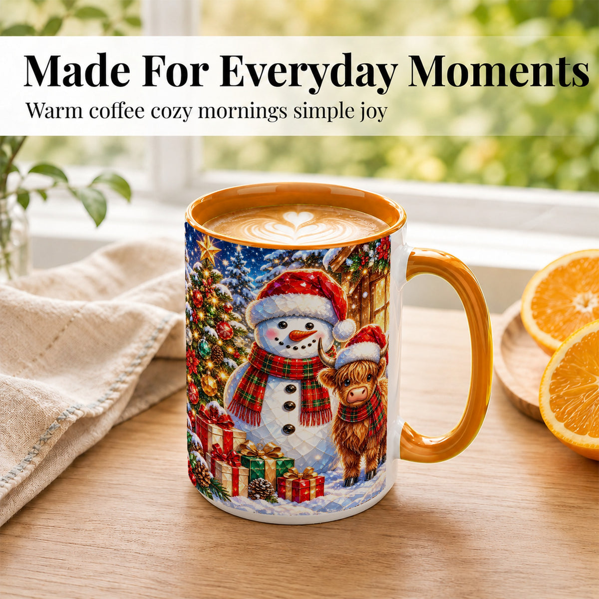 #pl[15oz|Orange] Highland Cow Snowman Coffee Mug, Christmas Animal Mug, Ceramic Cup