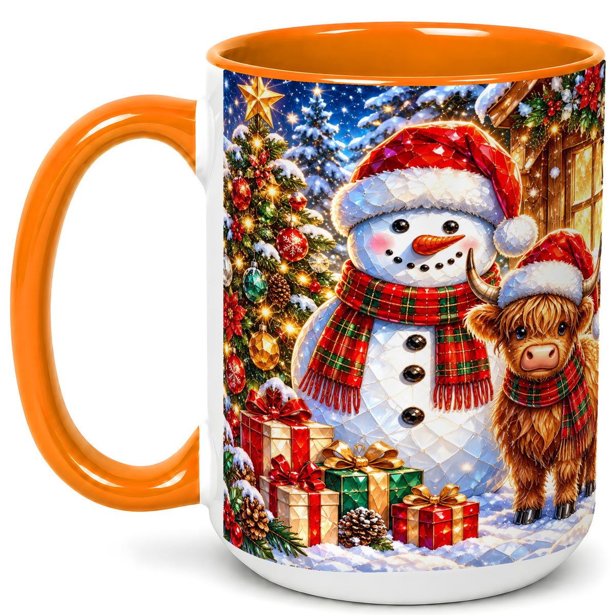 #pl[15oz|Orange] Highland Cow Snowman Coffee Mug, Christmas Animal Mug, Ceramic Cup