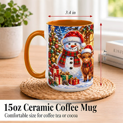#pl[15oz|Orange] Highland Cow Snowman Coffee Mug, Christmas Animal Mug, Ceramic Cup
