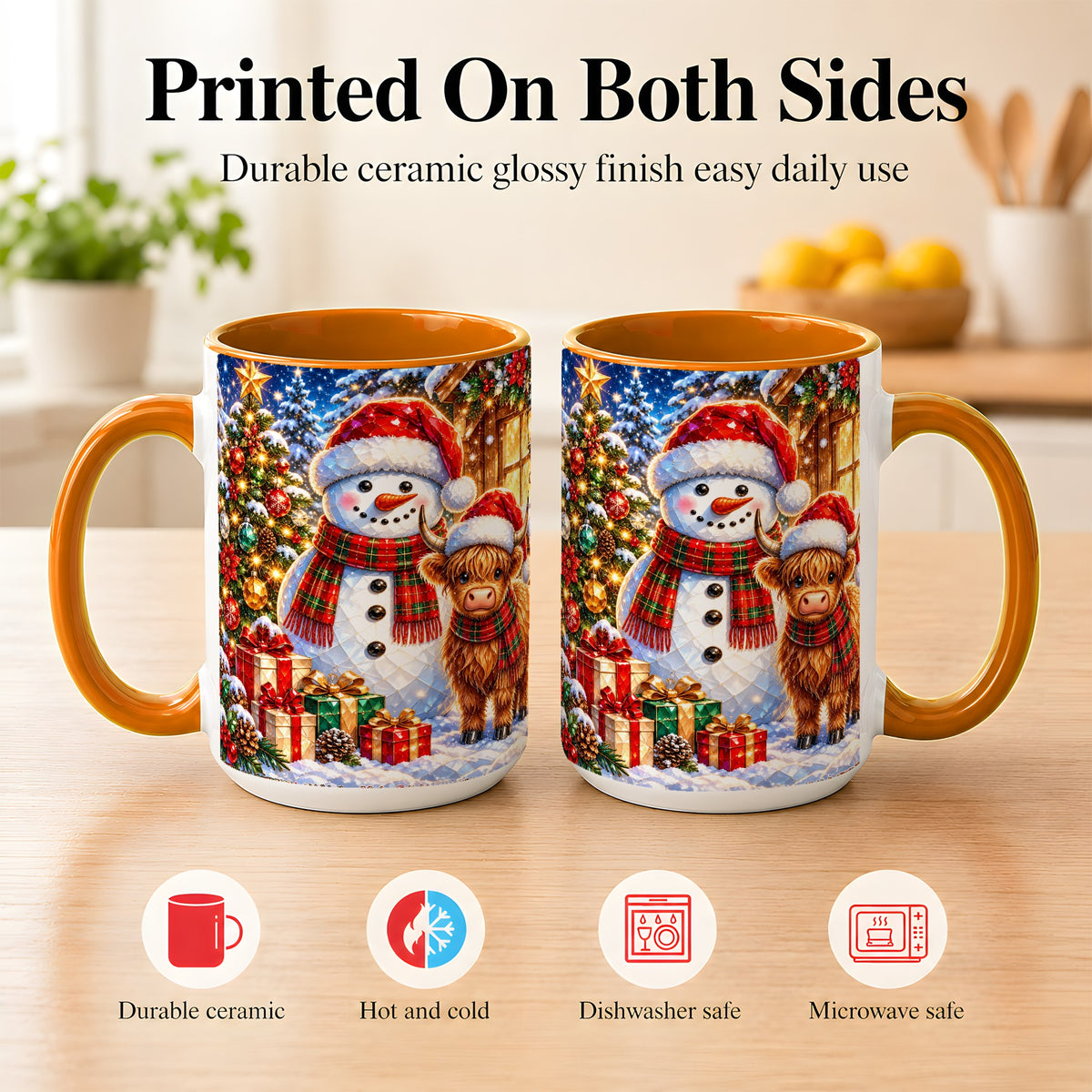#pl[15oz|Orange] Highland Cow Snowman Coffee Mug, Christmas Animal Mug, Ceramic Cup