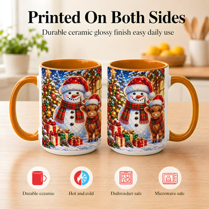 #pl[15oz|Orange] Highland Cow Snowman Coffee Mug, Christmas Animal Mug, Ceramic Cup