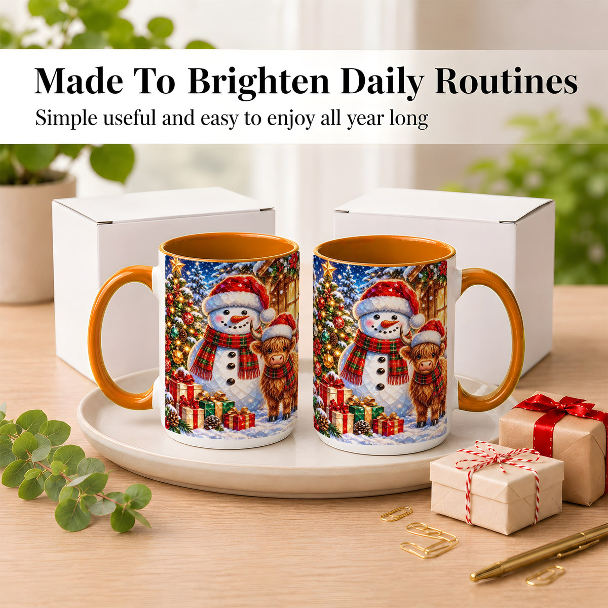 #pl[15oz|Orange] Highland Cow Snowman Coffee Mug, Christmas Animal Mug, Ceramic Cup