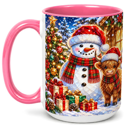 #pl[15oz|Pink] Highland Cow Snowman Coffee Mug, Christmas Animal Mug, Ceramic Cup