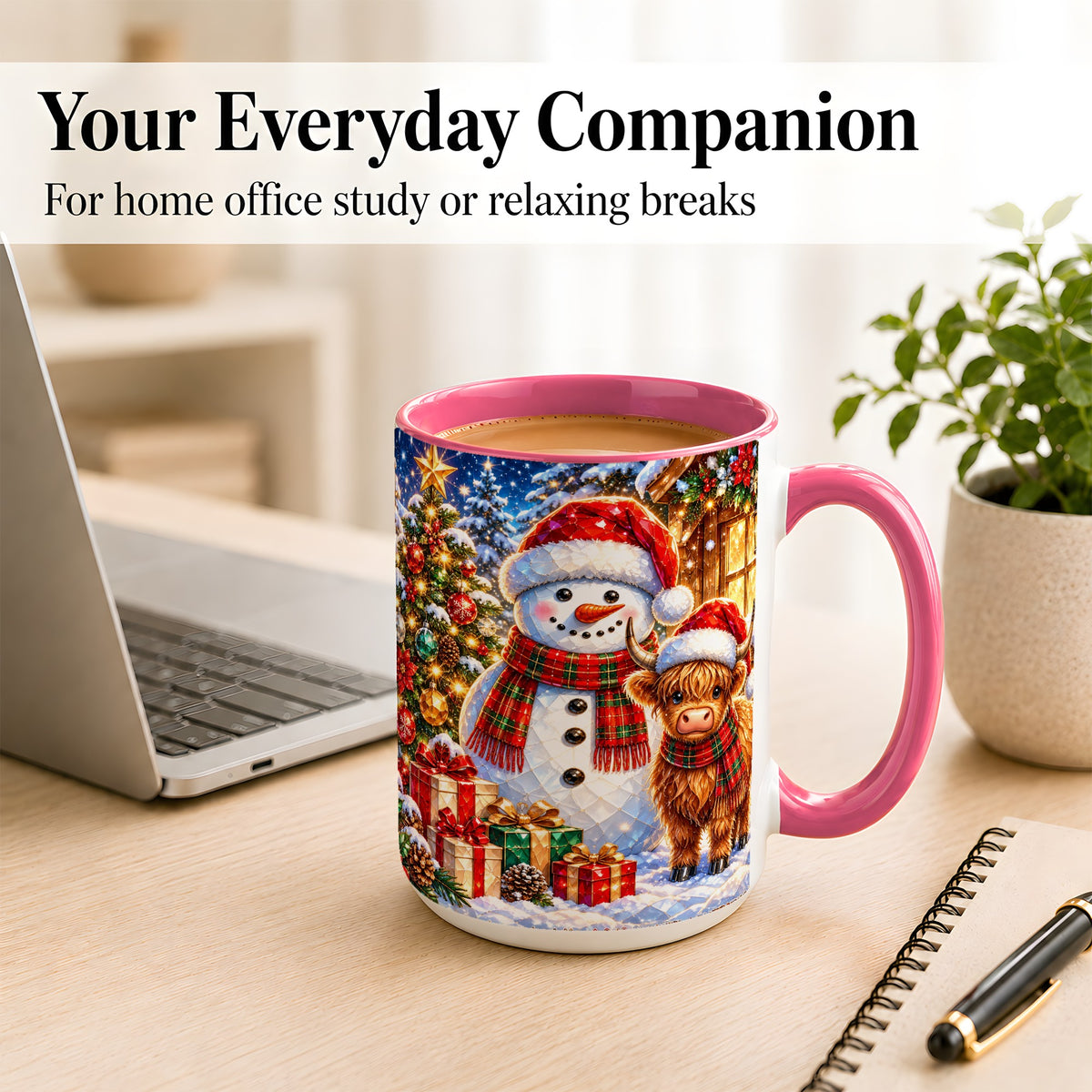 #pl[15oz|Pink] Highland Cow Snowman Coffee Mug, Christmas Animal Mug, Ceramic Cup