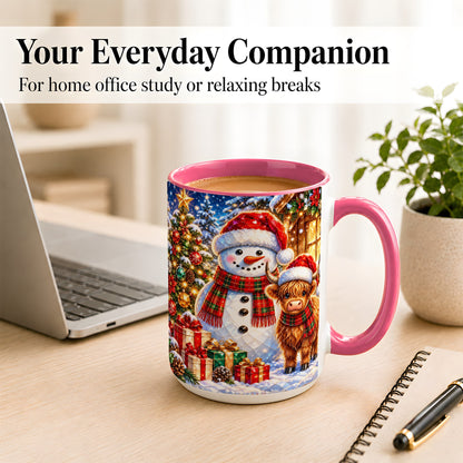 #pl[15oz|Pink] Highland Cow Snowman Coffee Mug, Christmas Animal Mug, Ceramic Cup