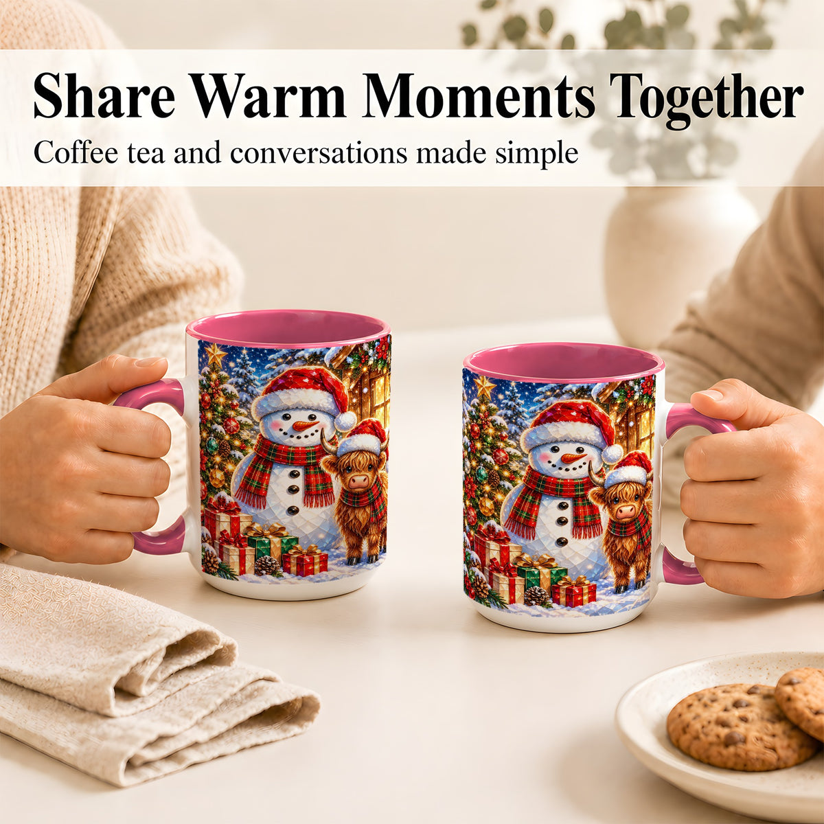 #pl[15oz|Pink] Highland Cow Snowman Coffee Mug, Christmas Animal Mug, Ceramic Cup