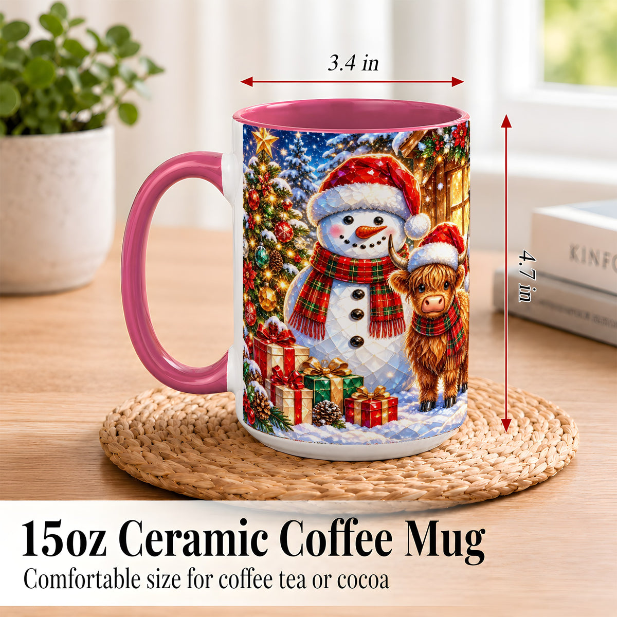 #pl[15oz|Pink] Highland Cow Snowman Coffee Mug, Christmas Animal Mug, Ceramic Cup