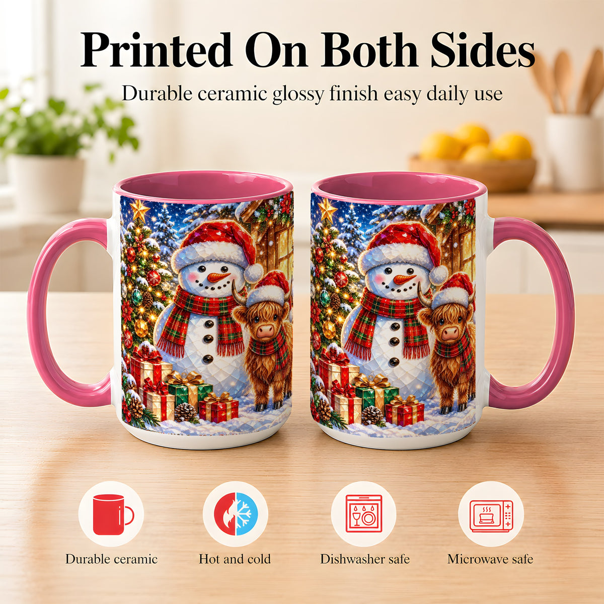 #pl[15oz|Pink] Highland Cow Snowman Coffee Mug, Christmas Animal Mug, Ceramic Cup