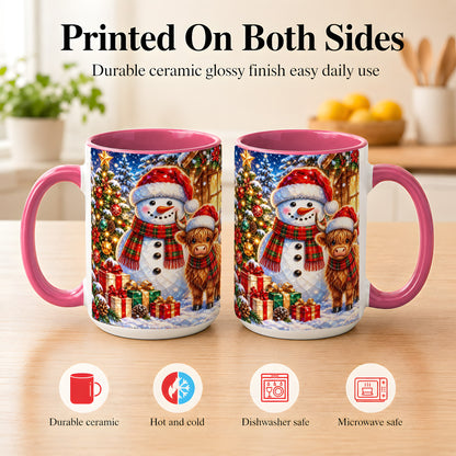 #pl[15oz|Pink] Highland Cow Snowman Coffee Mug, Christmas Animal Mug, Ceramic Cup
