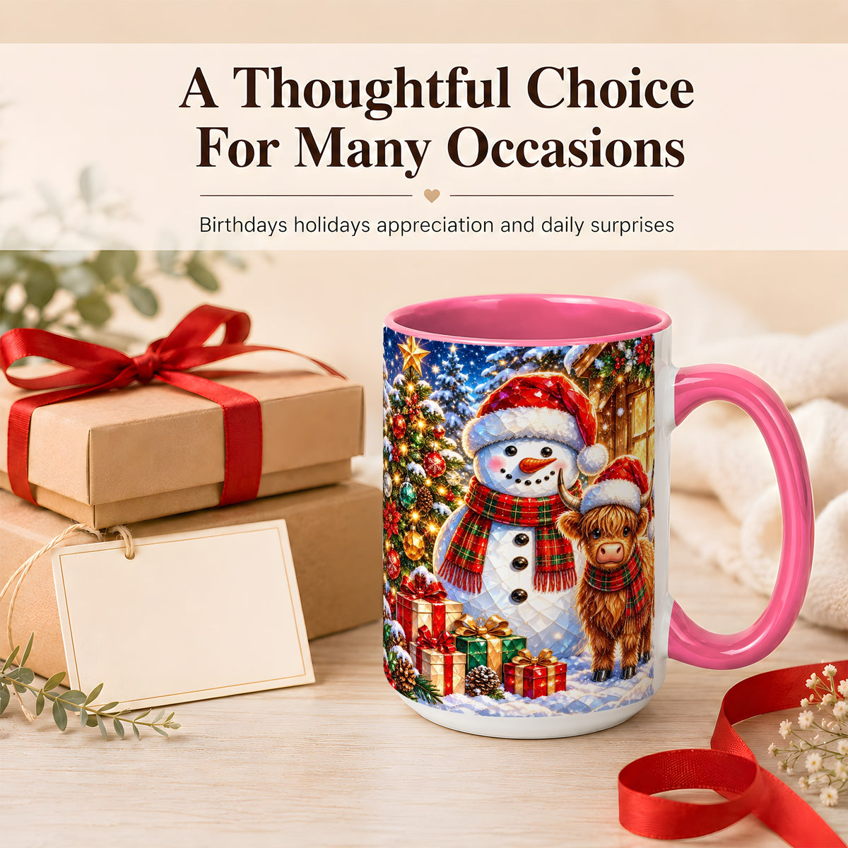 #pl[15oz|Pink] Highland Cow Snowman Coffee Mug, Christmas Animal Mug, Ceramic Cup