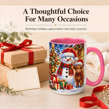 #pl[15oz|Pink] Highland Cow Snowman Coffee Mug, Christmas Animal Mug, Ceramic Cup