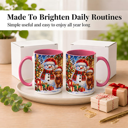 #pl[15oz|Pink] Highland Cow Snowman Coffee Mug, Christmas Animal Mug, Ceramic Cup