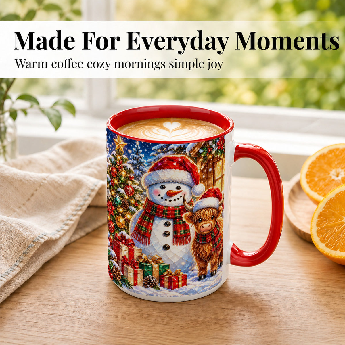#pl[15oz|Red] Highland Cow Snowman Coffee Mug, Christmas Animal Mug, Ceramic Cup
