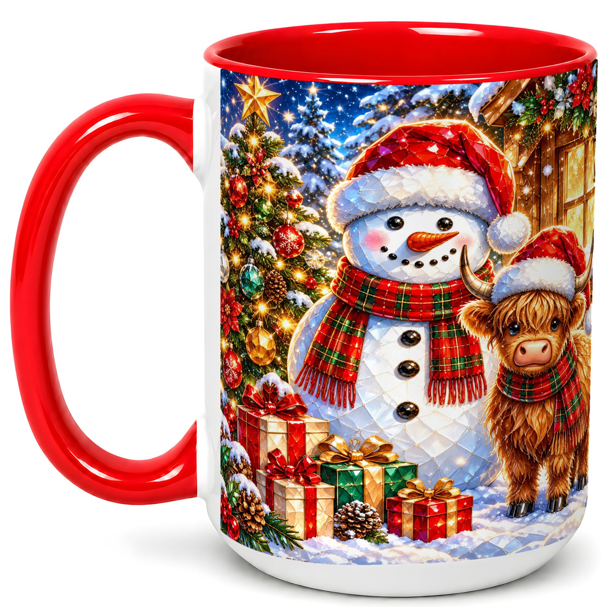 #pl[15oz|Red] Highland Cow Snowman Coffee Mug, Christmas Animal Mug, Ceramic Cup