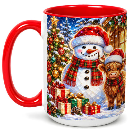 #pl[15oz|Red] Highland Cow Snowman Coffee Mug, Christmas Animal Mug, Ceramic Cup