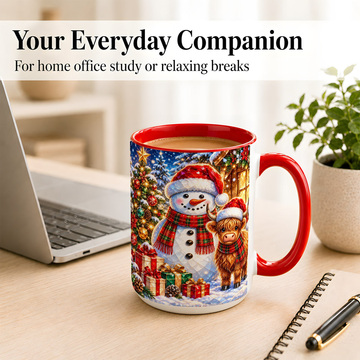 #pl[15oz|Red] Highland Cow Snowman Coffee Mug, Christmas Animal Mug, Ceramic Cup
