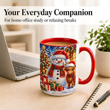 #pl[15oz|Red] Highland Cow Snowman Coffee Mug, Christmas Animal Mug, Ceramic Cup