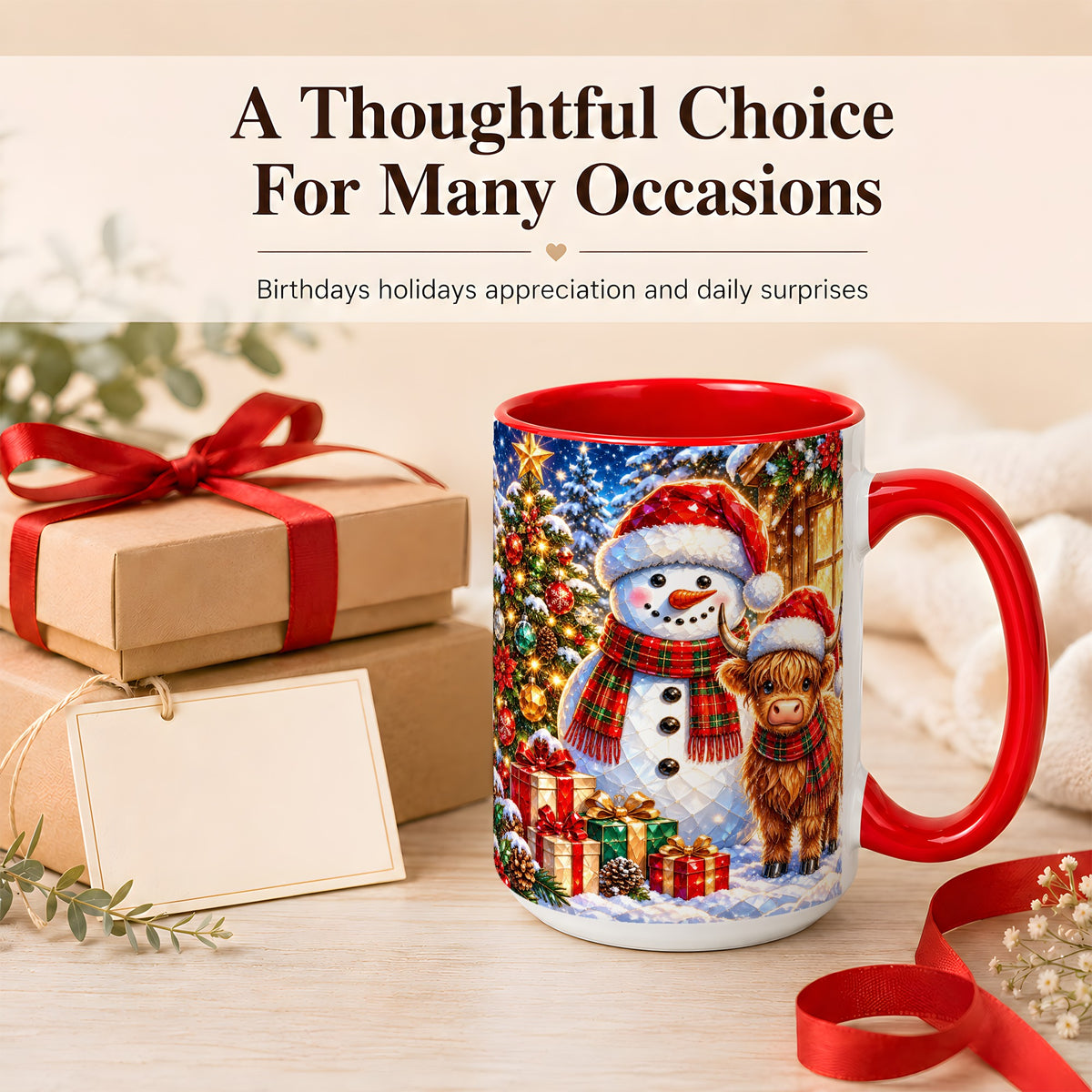 #pl[15oz|Red] Highland Cow Snowman Coffee Mug, Christmas Animal Mug, Ceramic Cup