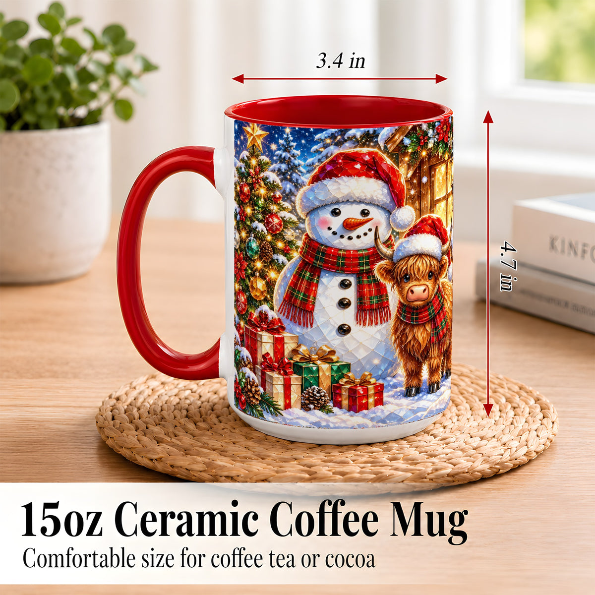 #pl[15oz|Red] Highland Cow Snowman Coffee Mug, Christmas Animal Mug, Ceramic Cup
