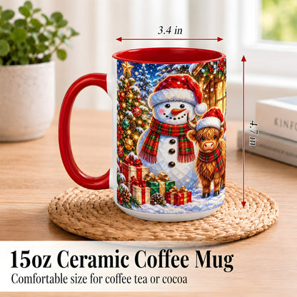 #pl[15oz|Red] Highland Cow Snowman Coffee Mug, Christmas Animal Mug, Ceramic Cup