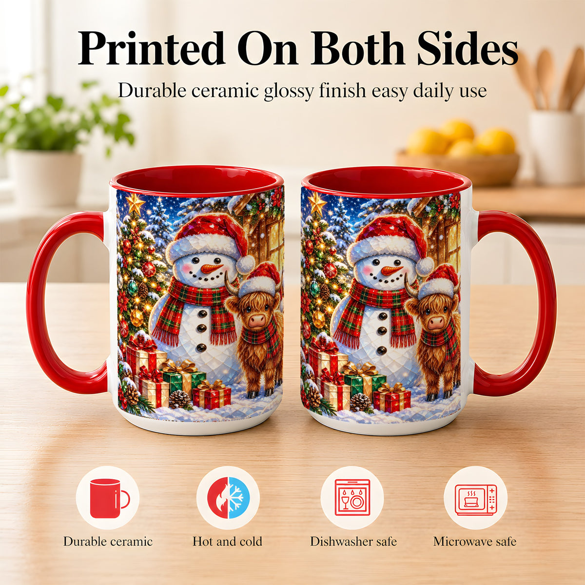 #pl[15oz|Red] Highland Cow Snowman Coffee Mug, Christmas Animal Mug, Ceramic Cup