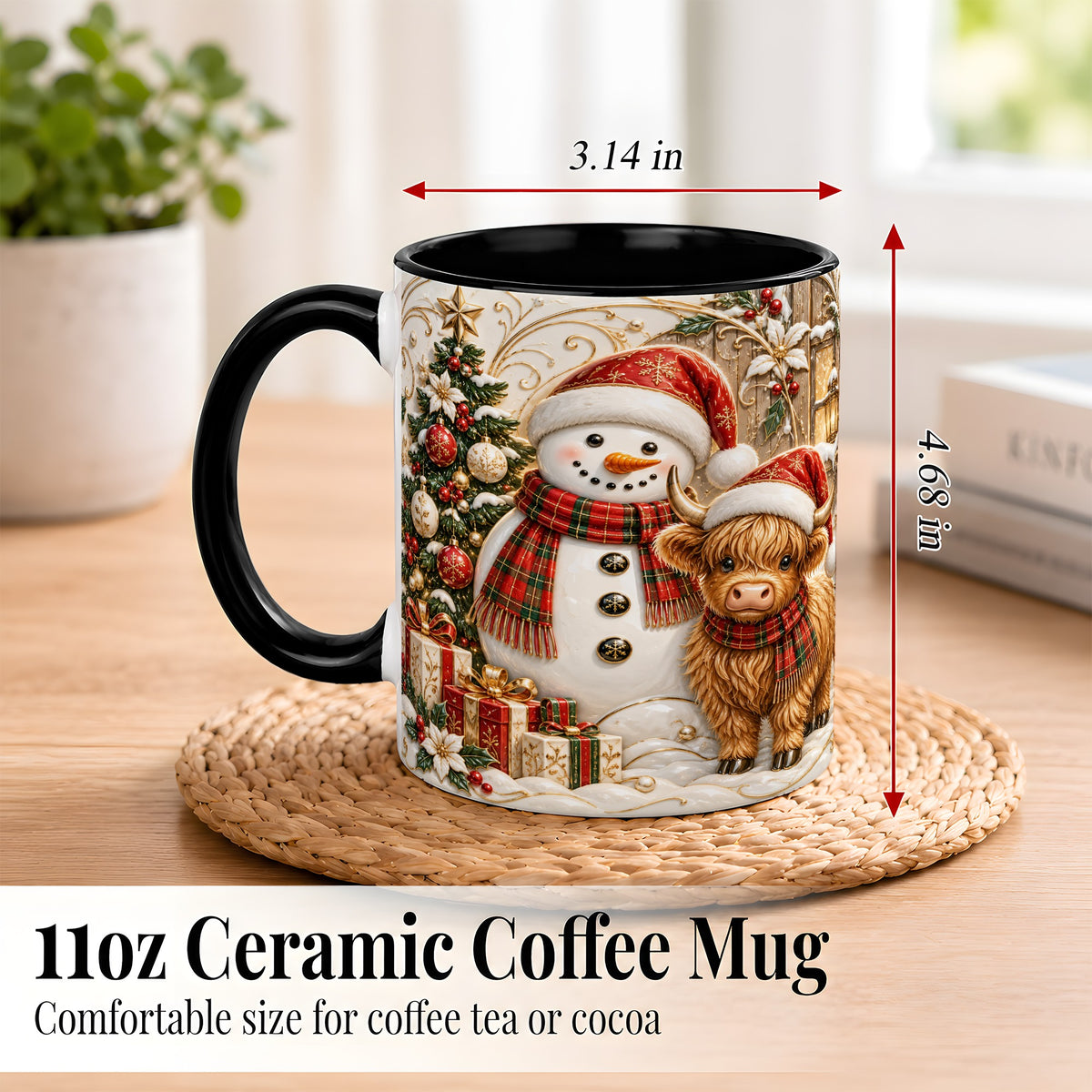 #pl[11oz|Black] Highland Cow Snowman Coffee Mug, Festive Farm Mug, Ceramic Cup