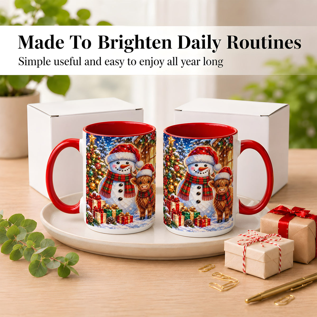 #pl[15oz|Red] Highland Cow Snowman Coffee Mug, Christmas Animal Mug, Ceramic Cup