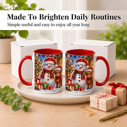 #pl[15oz|Red] Highland Cow Snowman Coffee Mug, Christmas Animal Mug, Ceramic Cup