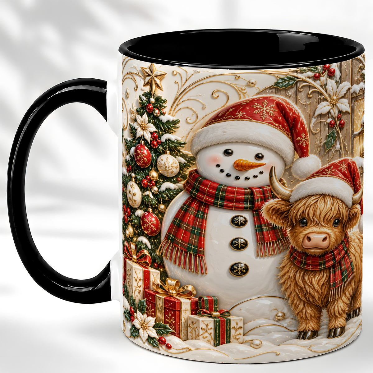 #pl[11oz|Black] Highland Cow Snowman Coffee Mug, Festive Farm Mug, Ceramic Cup