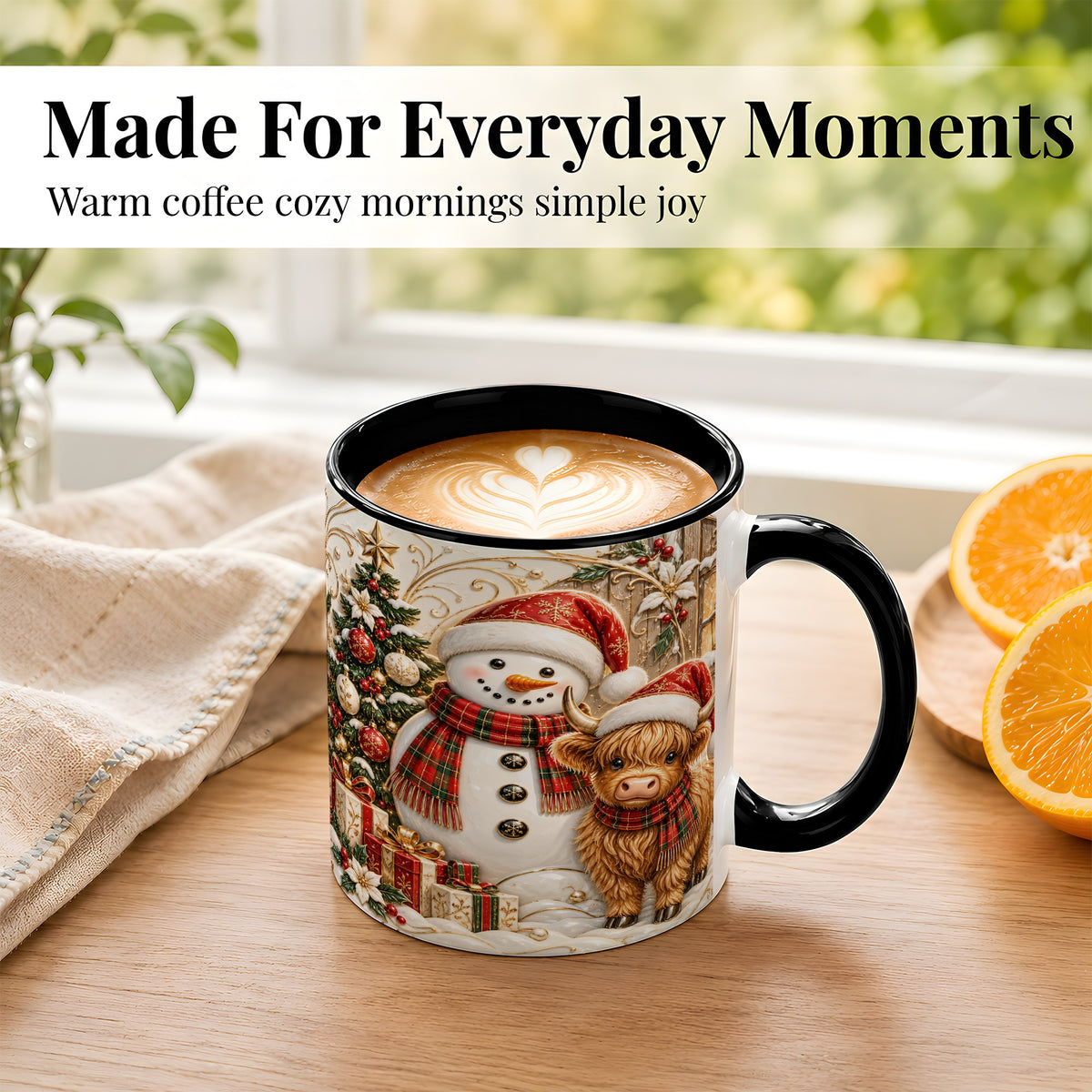 #pl[11oz|Black] Highland Cow Snowman Coffee Mug, Festive Farm Mug, Ceramic Cup
