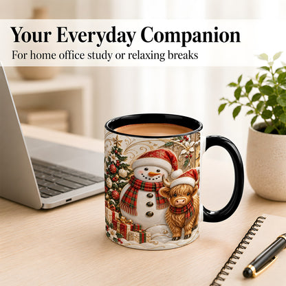 #pl[11oz|Black] Highland Cow Snowman Coffee Mug, Festive Farm Mug, Ceramic Cup