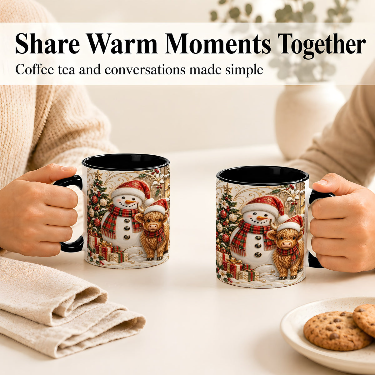 #pl[11oz|Black] Highland Cow Snowman Coffee Mug, Festive Farm Mug, Ceramic Cup