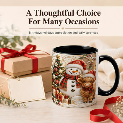 #pl[11oz|Black] Highland Cow Snowman Coffee Mug, Festive Farm Mug, Ceramic Cup