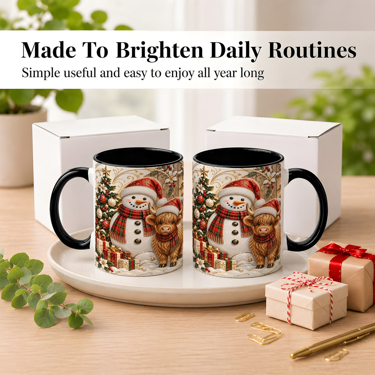 #pl[11oz|Black] Highland Cow Snowman Coffee Mug, Festive Farm Mug, Ceramic Cup