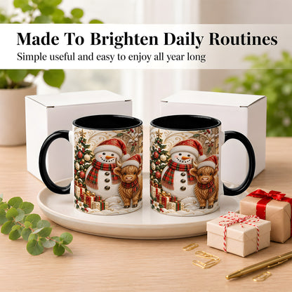 #pl[11oz|Black] Highland Cow Snowman Coffee Mug, Festive Farm Mug, Ceramic Cup