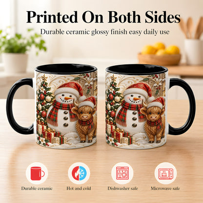 #pl[11oz|Black] Highland Cow Snowman Coffee Mug, Festive Farm Mug, Ceramic Cup