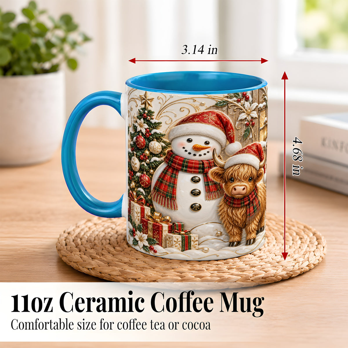 #pl[11oz|Blue] Highland Cow Snowman Coffee Mug, Festive Farm Mug, Ceramic Cup