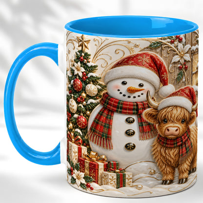 #pl[11oz|Blue] Highland Cow Snowman Coffee Mug, Festive Farm Mug, Ceramic Cup