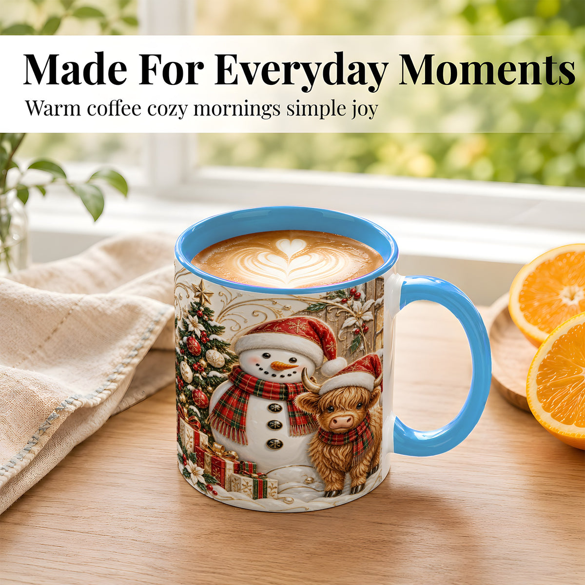 #pl[11oz|Blue] Highland Cow Snowman Coffee Mug, Festive Farm Mug, Ceramic Cup