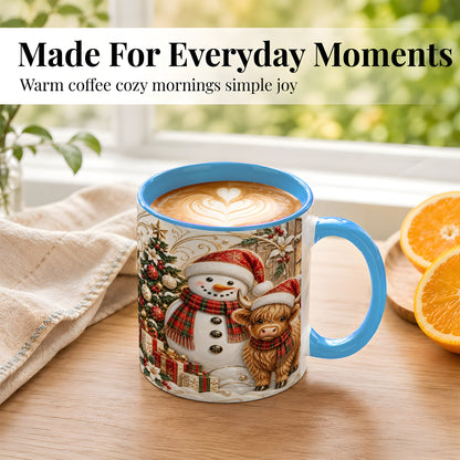 #pl[11oz|Blue] Highland Cow Snowman Coffee Mug, Festive Farm Mug, Ceramic Cup